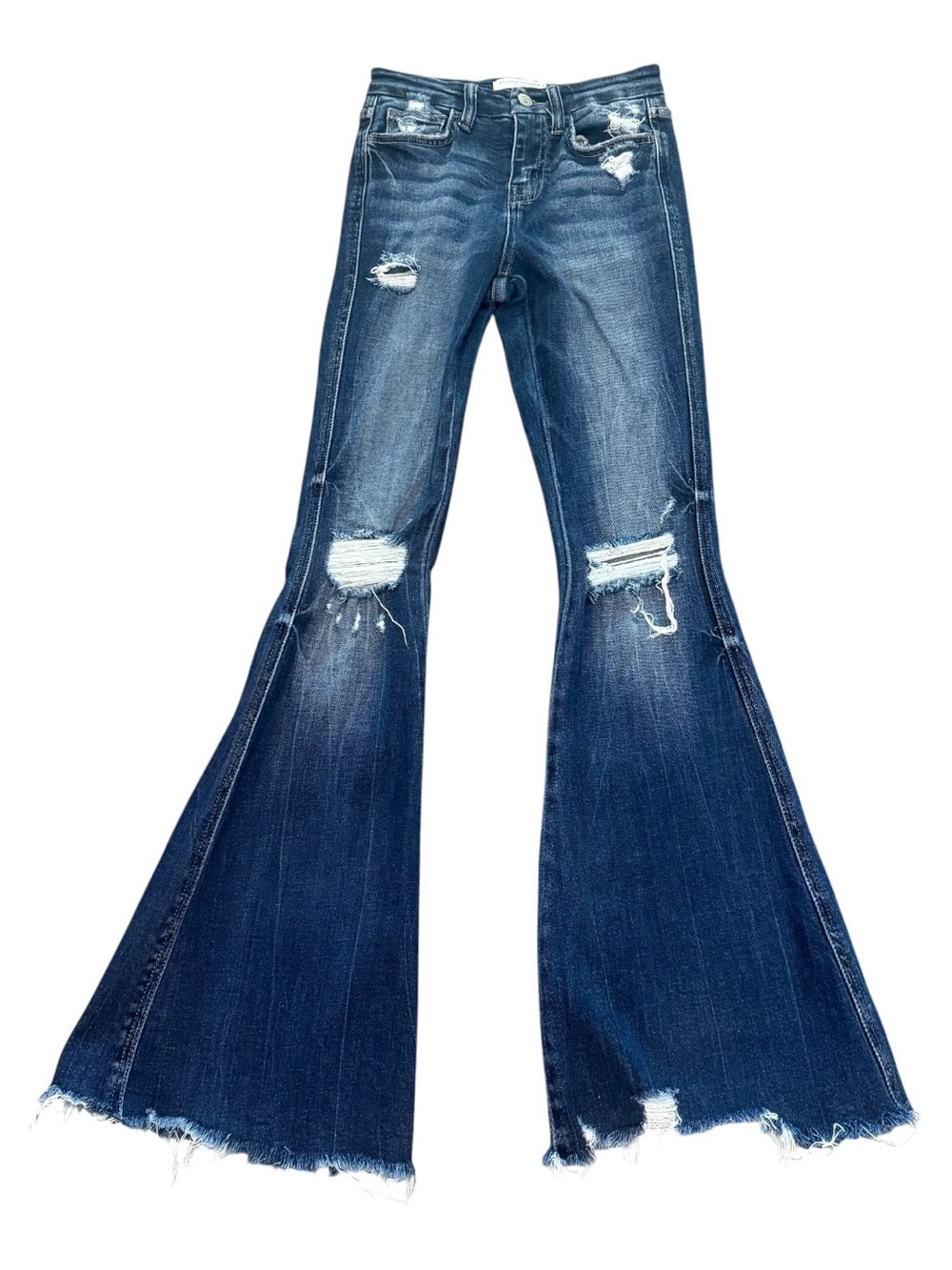 NWOT Flying Monkey Women's Mid Rise Dark Blue Distressed Flare Jeans Sz 22
